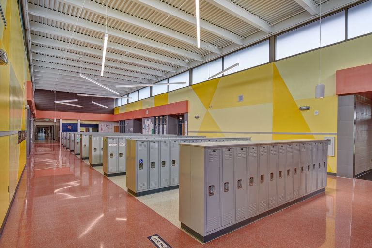 Center student area with lockers and angled paint design