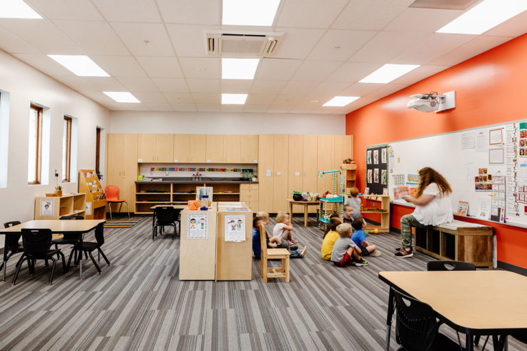 Classroom with orange feature wall