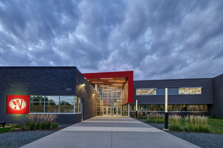 Exterior entrance at dusk