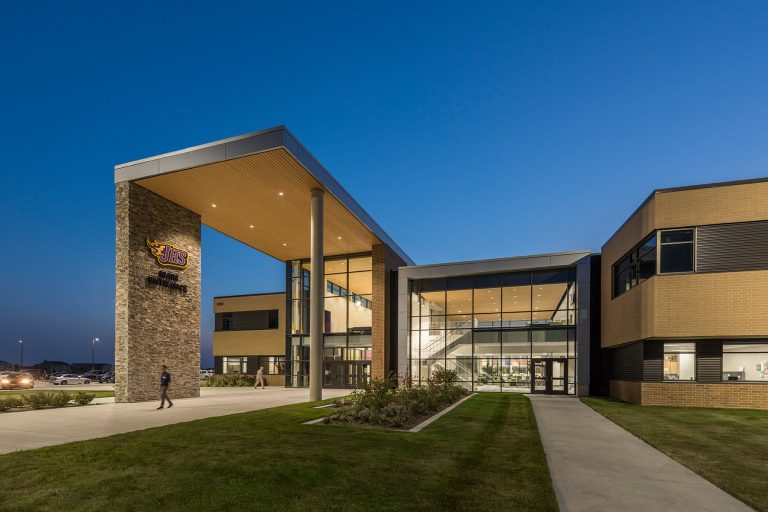 Main entrance at dusk