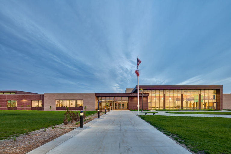 Front entrance of building at dusk