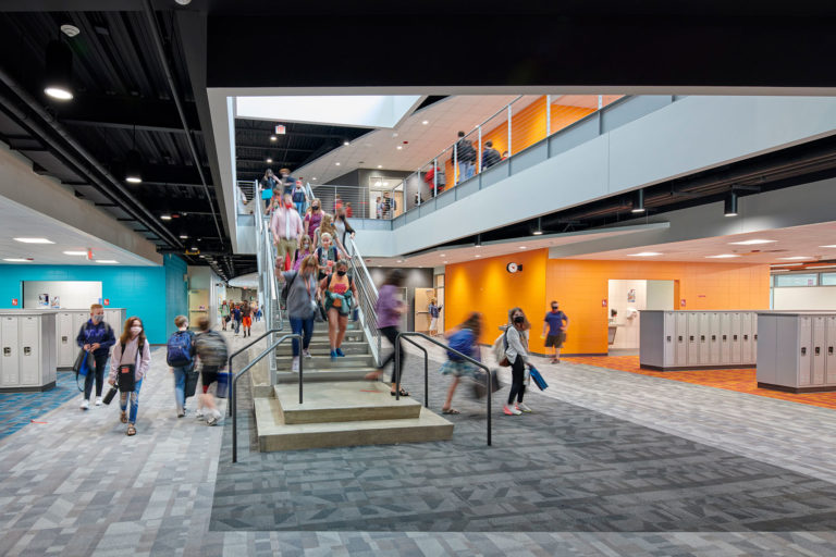 Grand staircase with students coming down