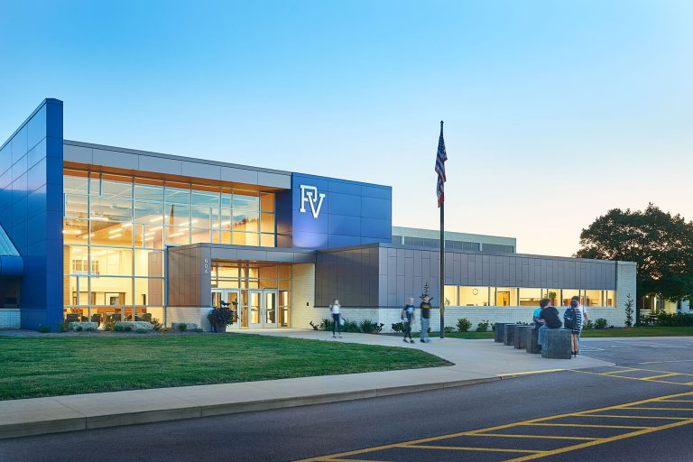 High School Main Entrance at dusk