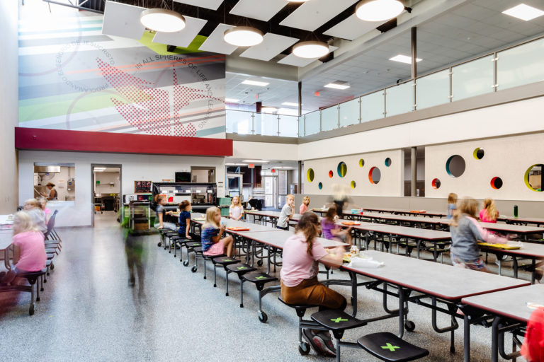 Cafeteria with wall graphic and ceiling clouds