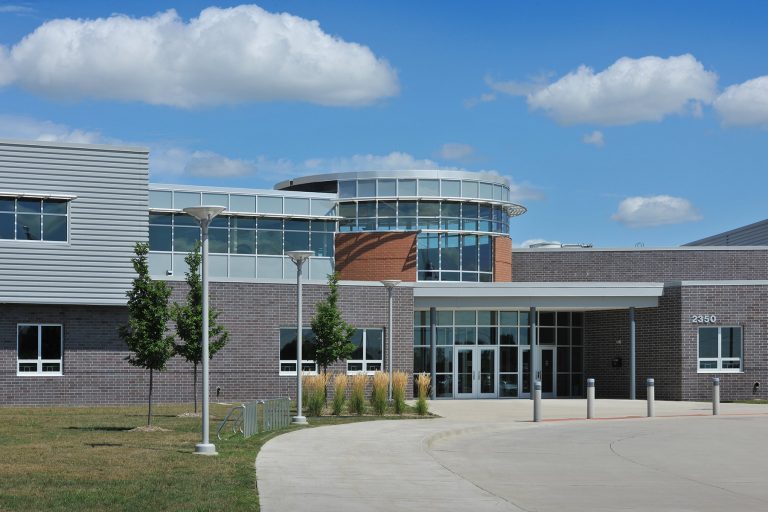 Exterior main entry and dropoff lane