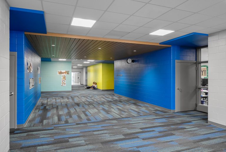 Classroom circulation corridor in vibrant color