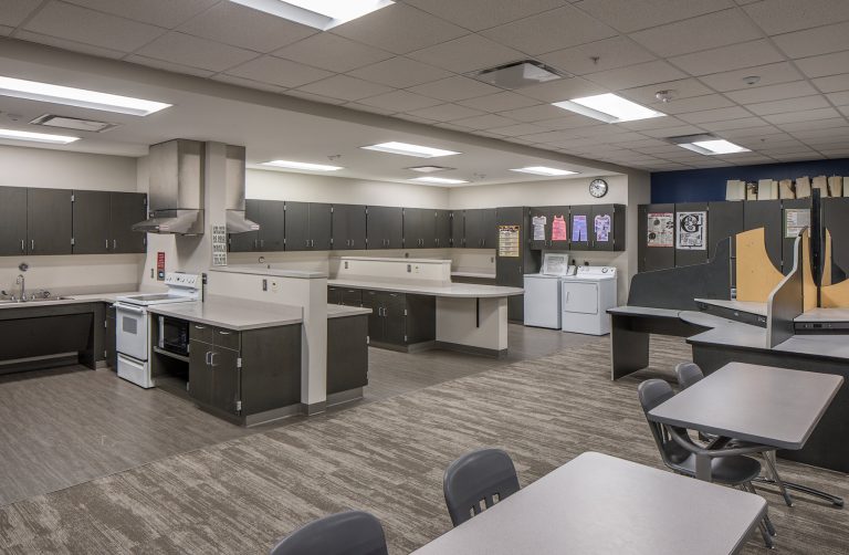 Family consumer sciences classroom with kitchen units