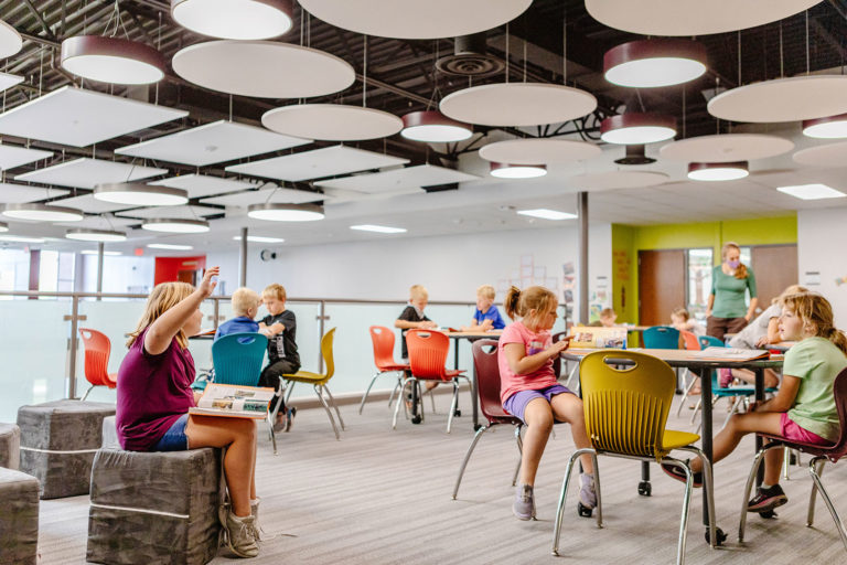 Balcony learning space with circular ceiling clouds