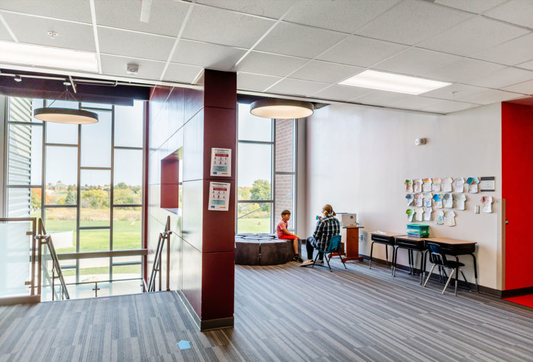 Open learning space and stairs looking outside