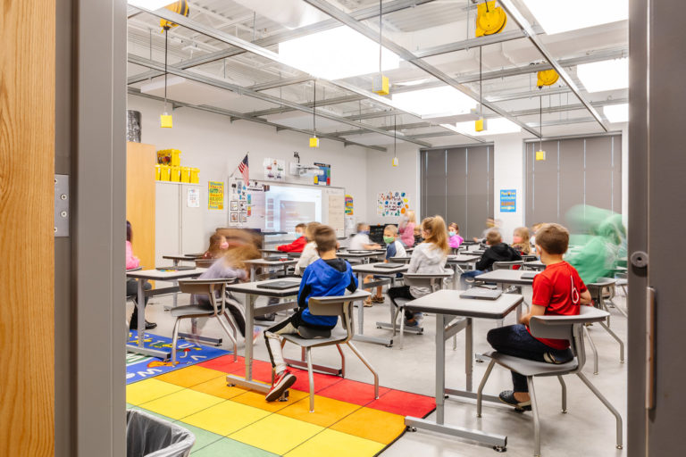 Looking into classroom with students at desks