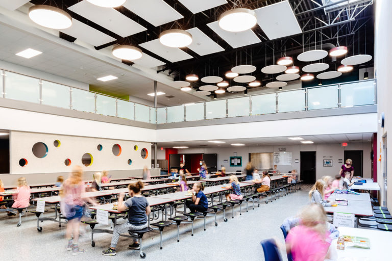 Cafeteria looking up to balcony learning space