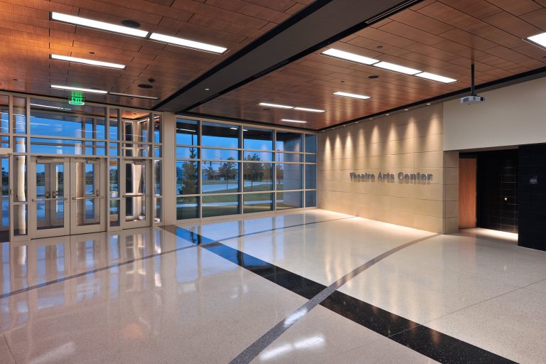 Interior lobby looking outside at dusk