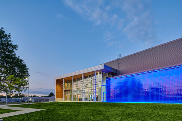 Exterior at dusk with blue lighting feature