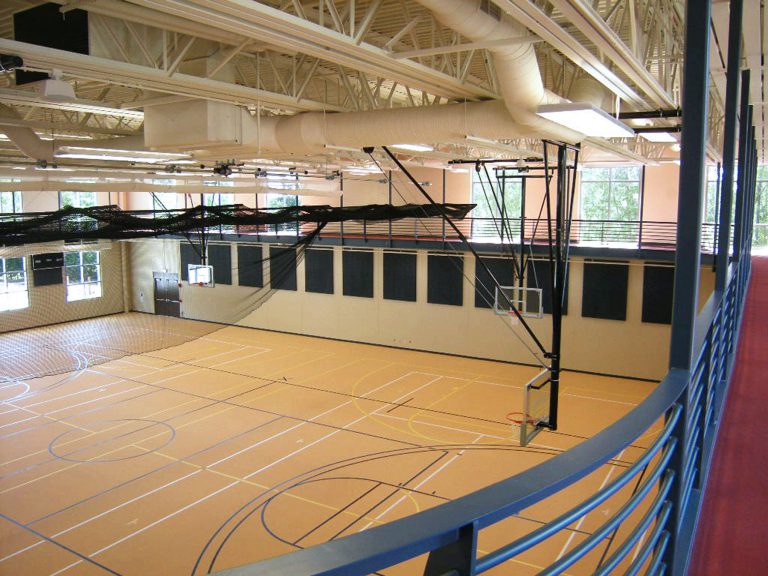 Gymnasium basketball court from running track above