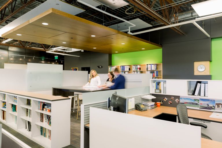 Office work space overall with meeting at high table