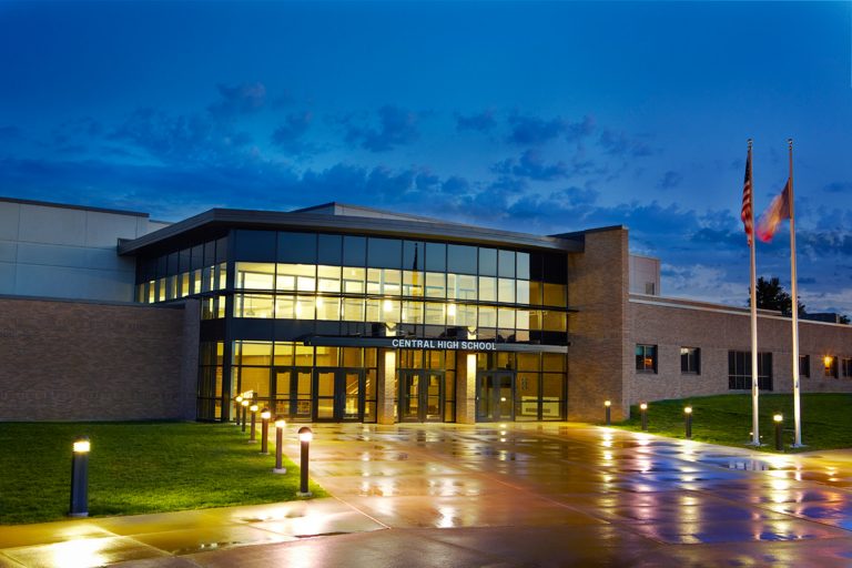 Night exterior showing front entrance