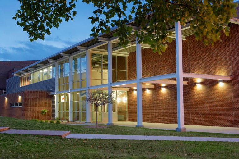 Exterior at dusk highlighting entry