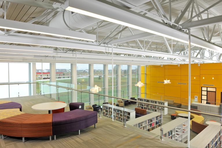 Balcony overlooking media center book stacks