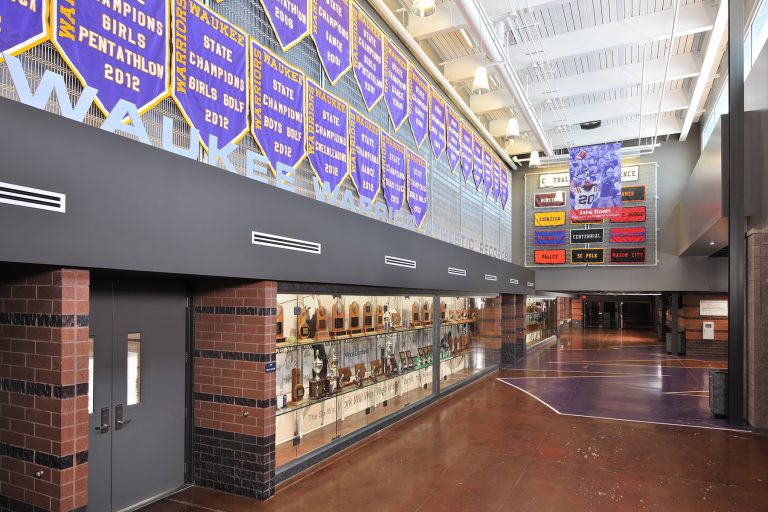 Hall showcasing champion banners