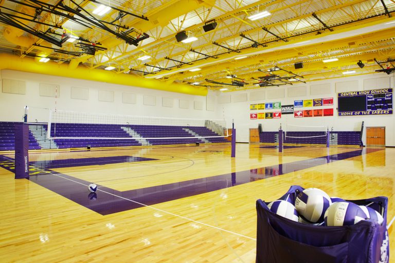 Gymnasium set up for volleyball