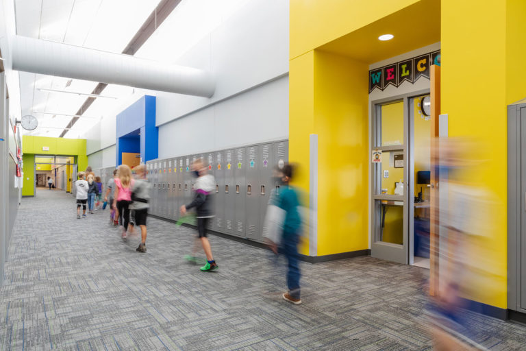 Corridor with multi-colored entryways