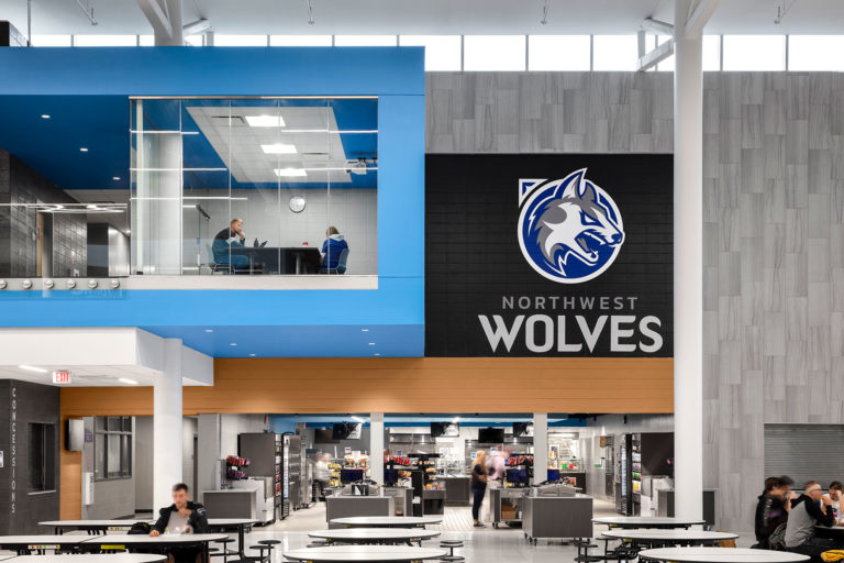 Interior view showing cafeteria, servery, and blue conference room