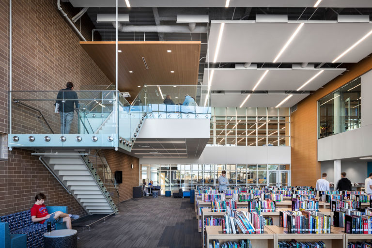 Media Center with books and mezanine classroom space