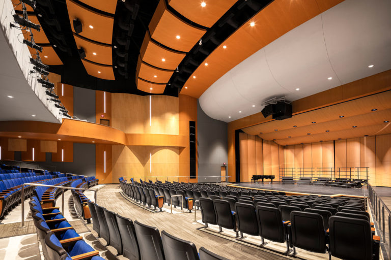 Auditorium highlighting stage and ceiling clouds