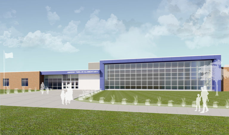 Main entry with blue metal panels and glass