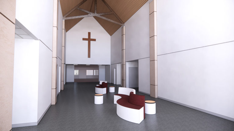 Lobby looking toward sanctuary with cross