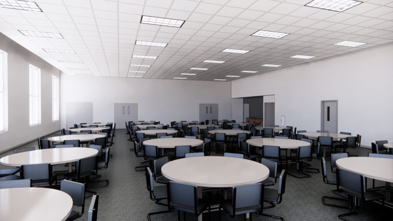 fellowship hall with tables and chairs