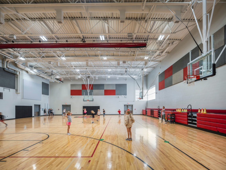 Gymnasium with multi-colored sound panels