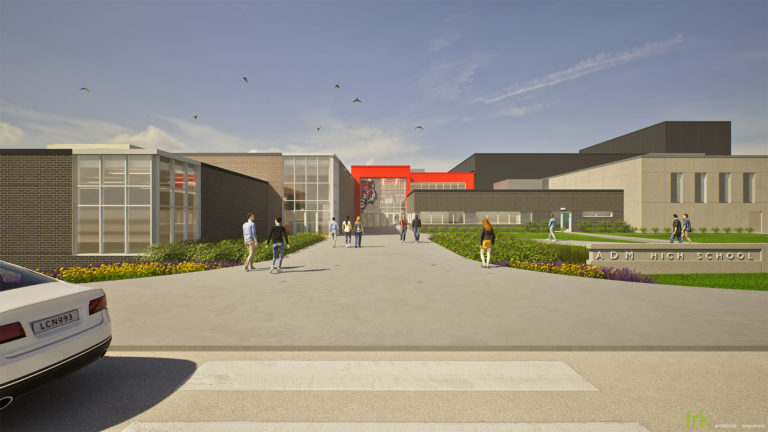 Exterior main entrance with red accent panels
