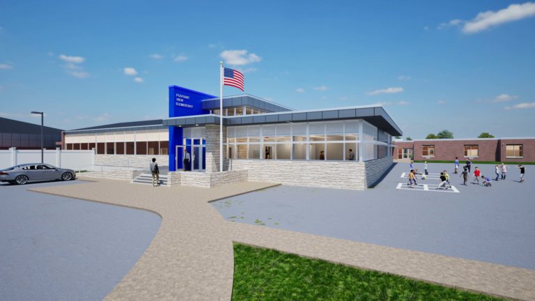 Exterior view of new main entry and playground