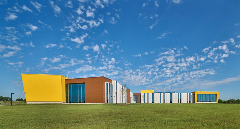 Exterior classroom pod with vertical windows