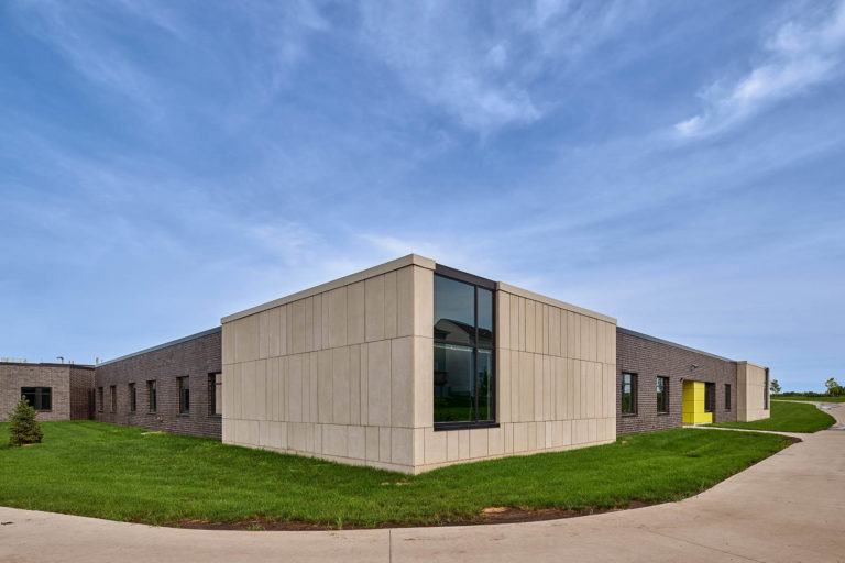 Classroom pod corner with curtain wall